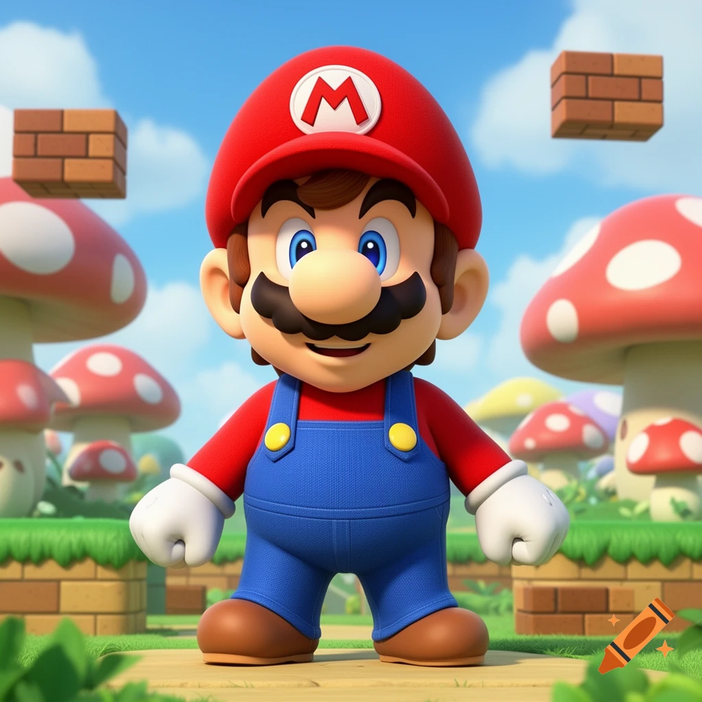 3D pre-rendered Mario stands in a vibrant cartoon landscape with green hills, floating brick blocks, and red and white mushrooms.