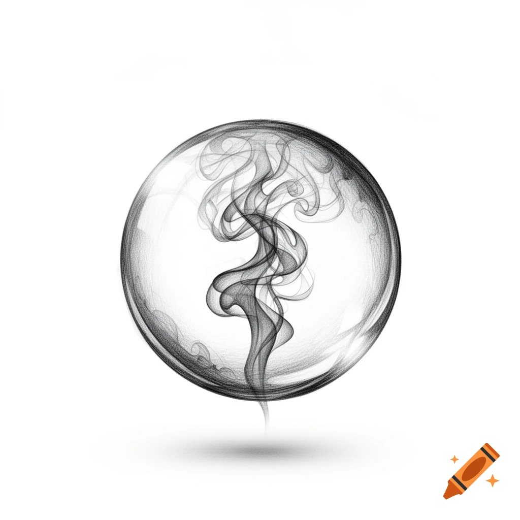 Black and white sketch of swirling smoke contained within a transparent orb, casting a subtle shadow on a white background.