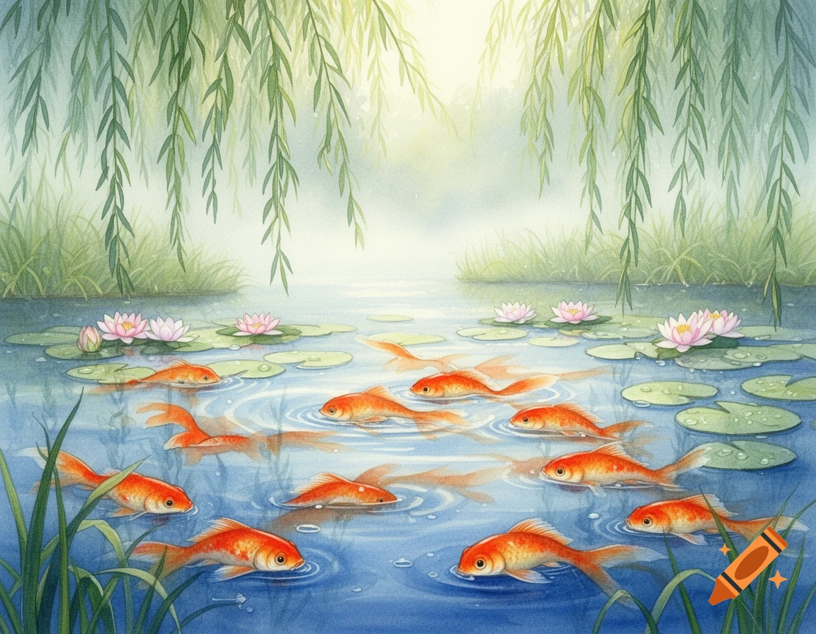 Watercolor painting of a pond with orange goldfish, pink lily pads, and weeping willow branches.