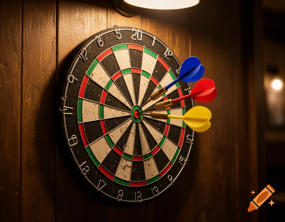 A photorealistic dart board with three darts, blue, red, and yellow, stuck near the bullseye, mounted on a wooden wall under a light.