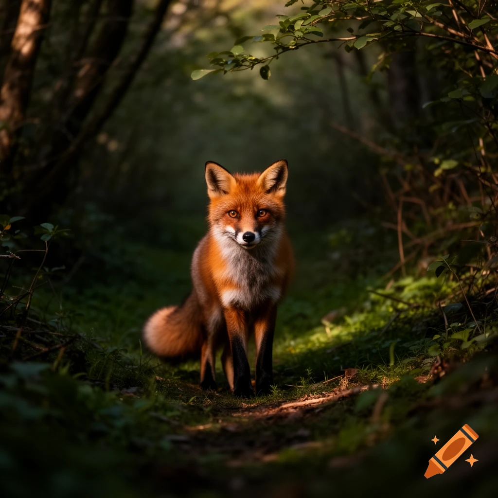 A photorealistic red fox with white chest fur stands alert on a sunlit path in a lush green forest.