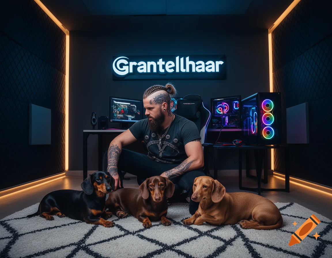 A tattooed man with a braided sidecut sits in a neon-lit gaming room with his RGB PC, three dachshunds on a rug, and a 'Grantelhaar' sign.