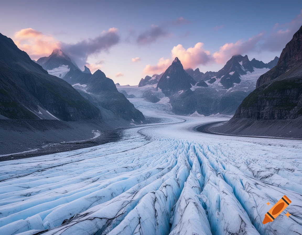 A vast, winding blue glacier flows through a rugged mountain valley under a sky with pink-hued clouds.
