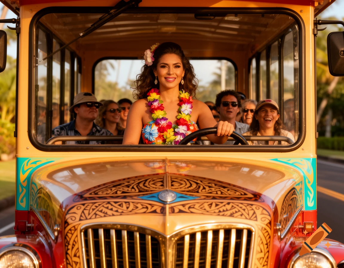 A smiling woman wearing a colorful lei drives a decorated Hawaiian trolley filled with passengers.