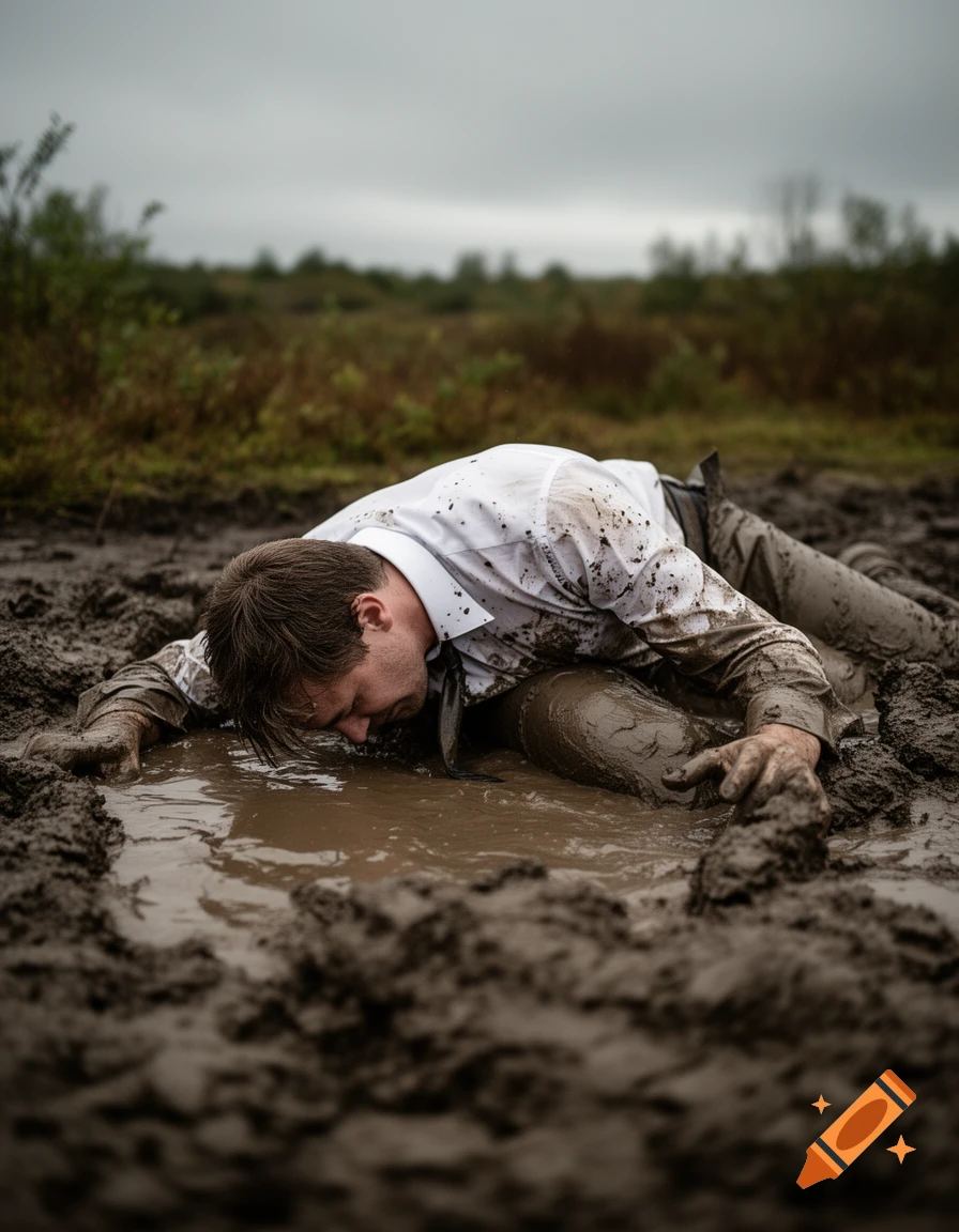 A man in a white shirt, covered in mud, lies face down in a muddy field puddle.