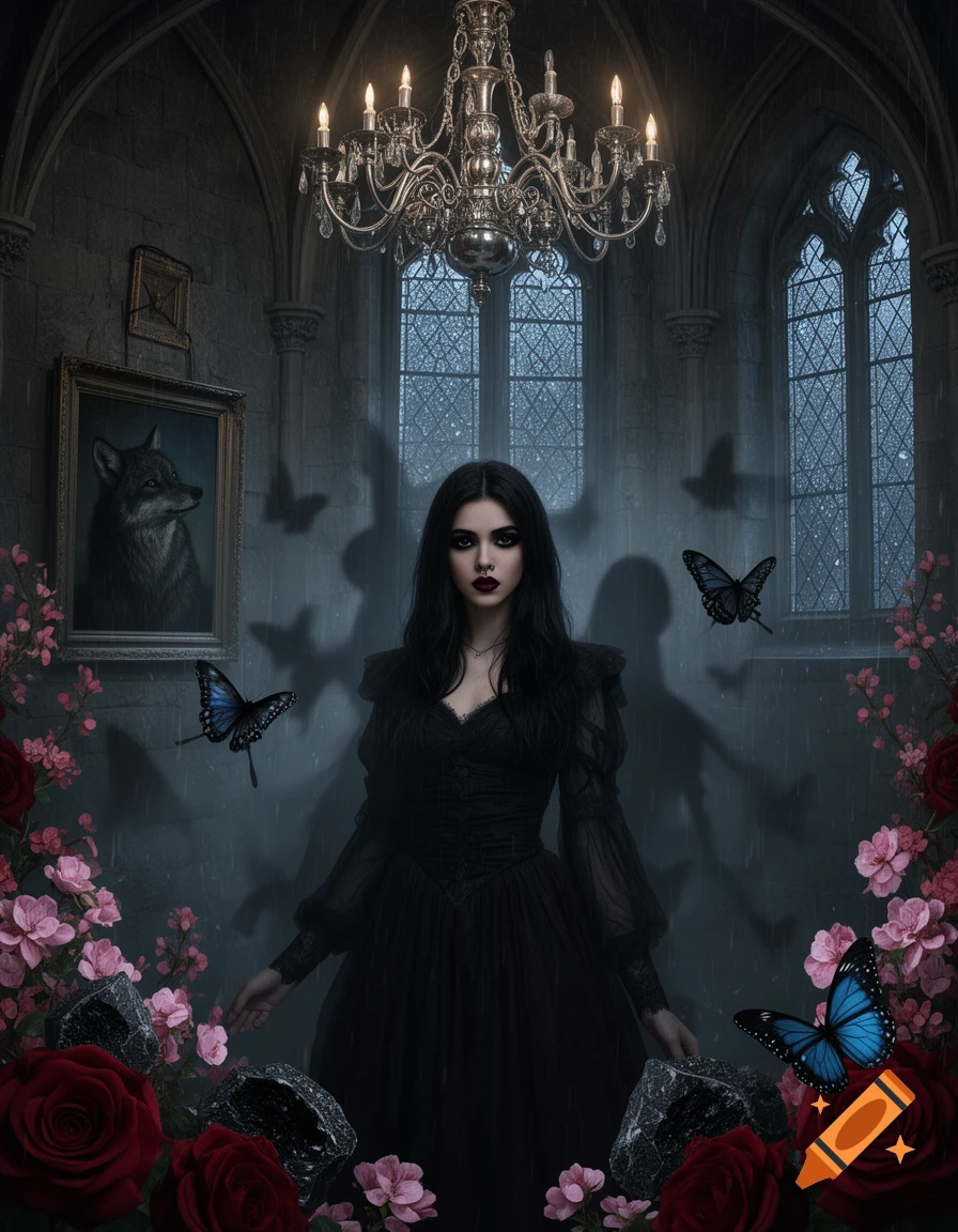 A goth woman in a long black dress stands in a stormy gothic castle, surrounded by roses, rocks, blue butterflies, under a chandelier, with a wolf portrait on the wall.