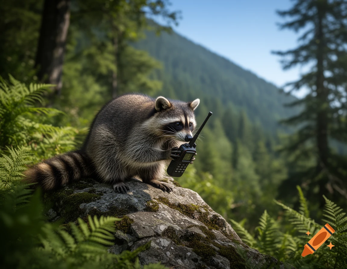 A photorealistic raccoon sits on a mossy rock in a forest, holding a walkie-talkie. Mountains are visible in the background.