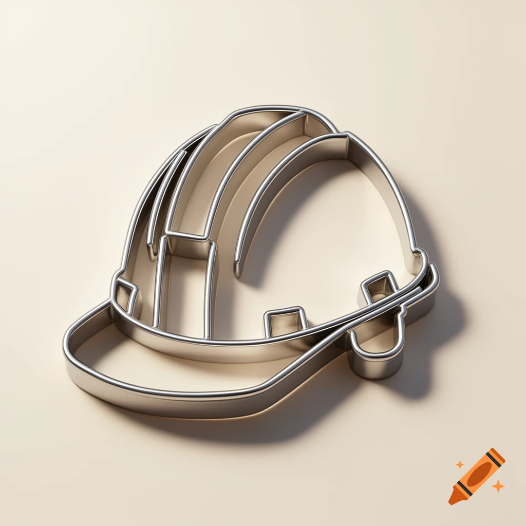 A shiny metallic hard hat cookie cutter is depicted from a high angle on a light beige background.
