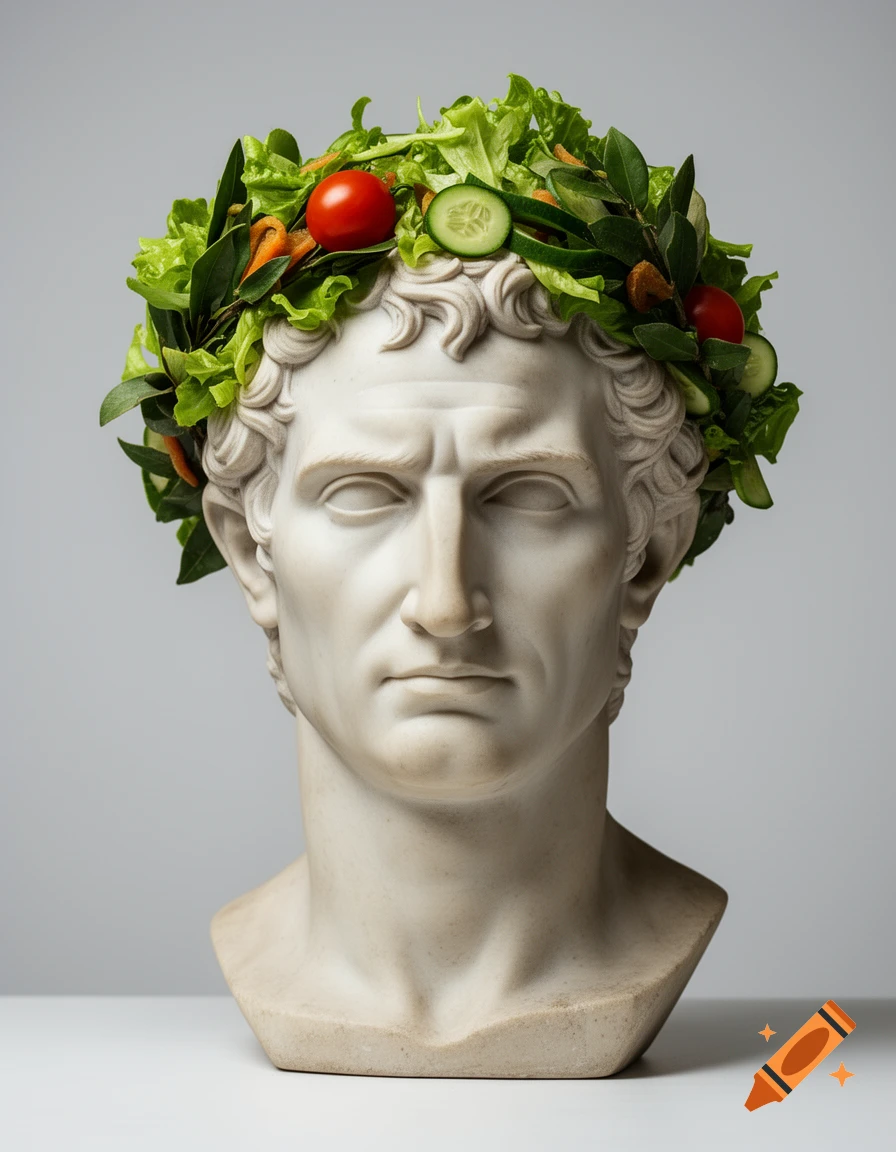 Photorealistic marble bust of Julius Caesar wearing a wreath of lettuce, tomatoes, cucumbers, and bay leaves.
