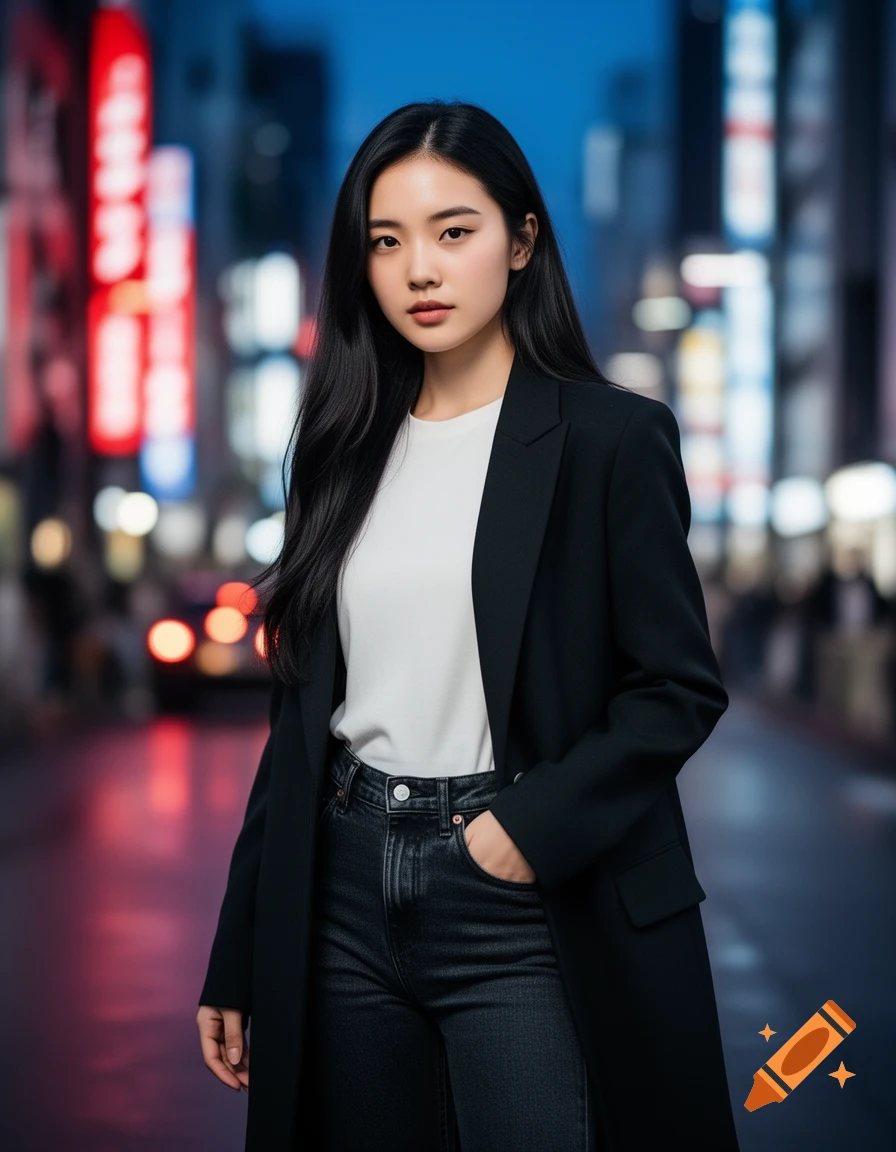 Photorealistic portrait of a young Asian woman in a black coat and jeans, standing on a city street with blurred neon lights.
