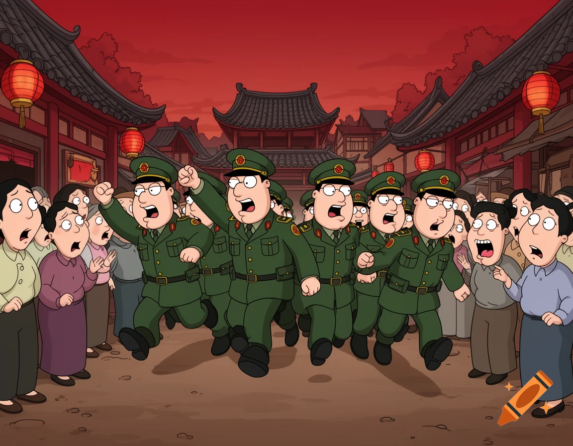 Cartoon soldiers in green uniforms run with fists raised past distressed civilians in a street with traditional Chinese buildings and red lanterns, under a red sky.