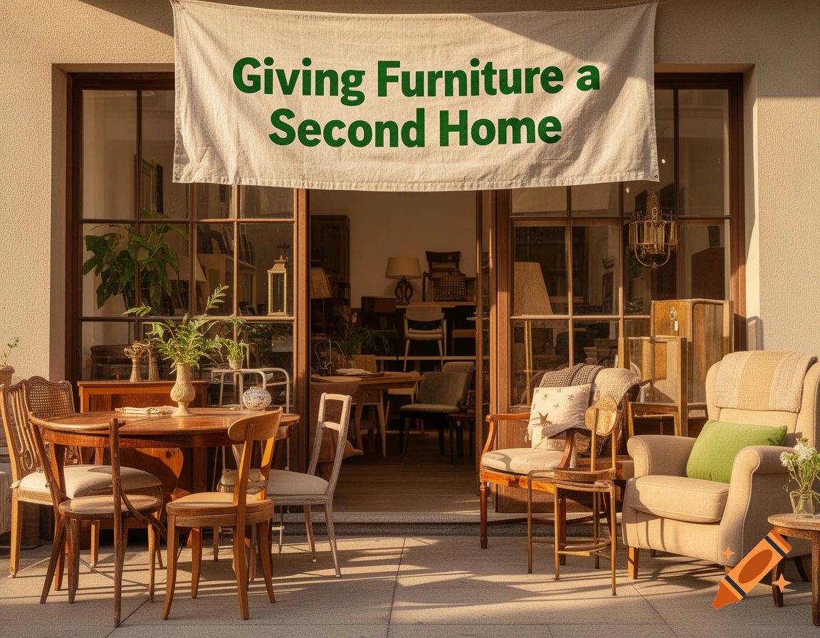 Furniture store entrance with a banner 'Giving Furniture a Second Home', showing various chairs and tables outside in warm sunlight.