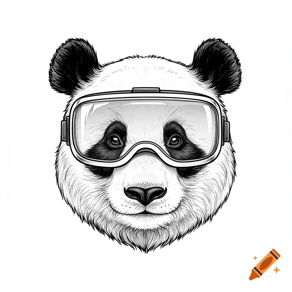 A detailed black and white illustration of a panda head wearing a VR headset, with fine linework and subtle shading.