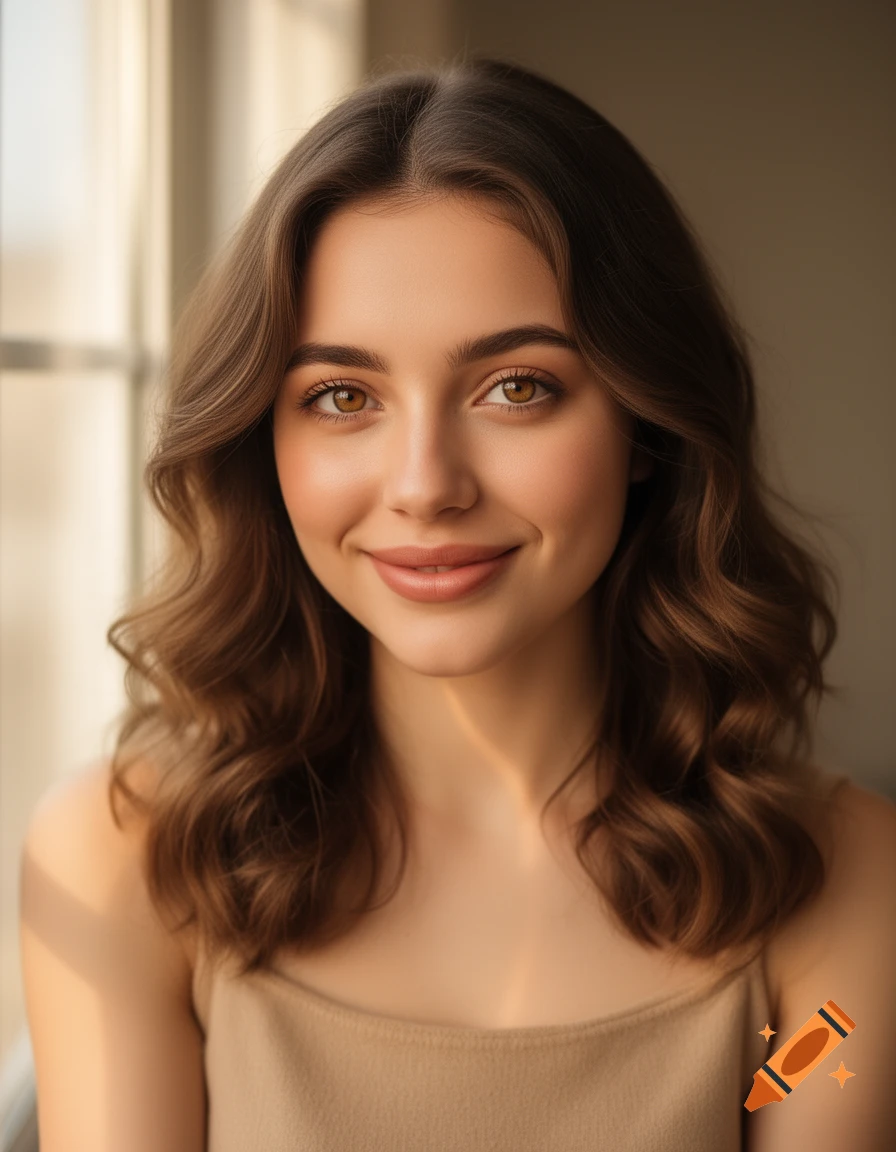 Close-up portrait of a smiling young woman with wavy brown hair and warm hazel eyes, in natural window light.