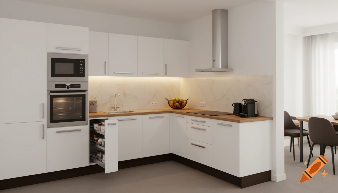 Modern L-shaped kitchen with white cabinets, wooden counter, marble backsplash, integrated appliances, black coffee machine, and dining area.