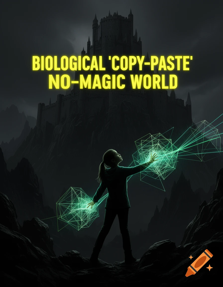 A girl in silhouette creates neon green geometric patterns against a dark castle and craggy landscape with the title "BIOLOGICAL 'COPY-PASTE' NO-MAGIC WORLD" above.