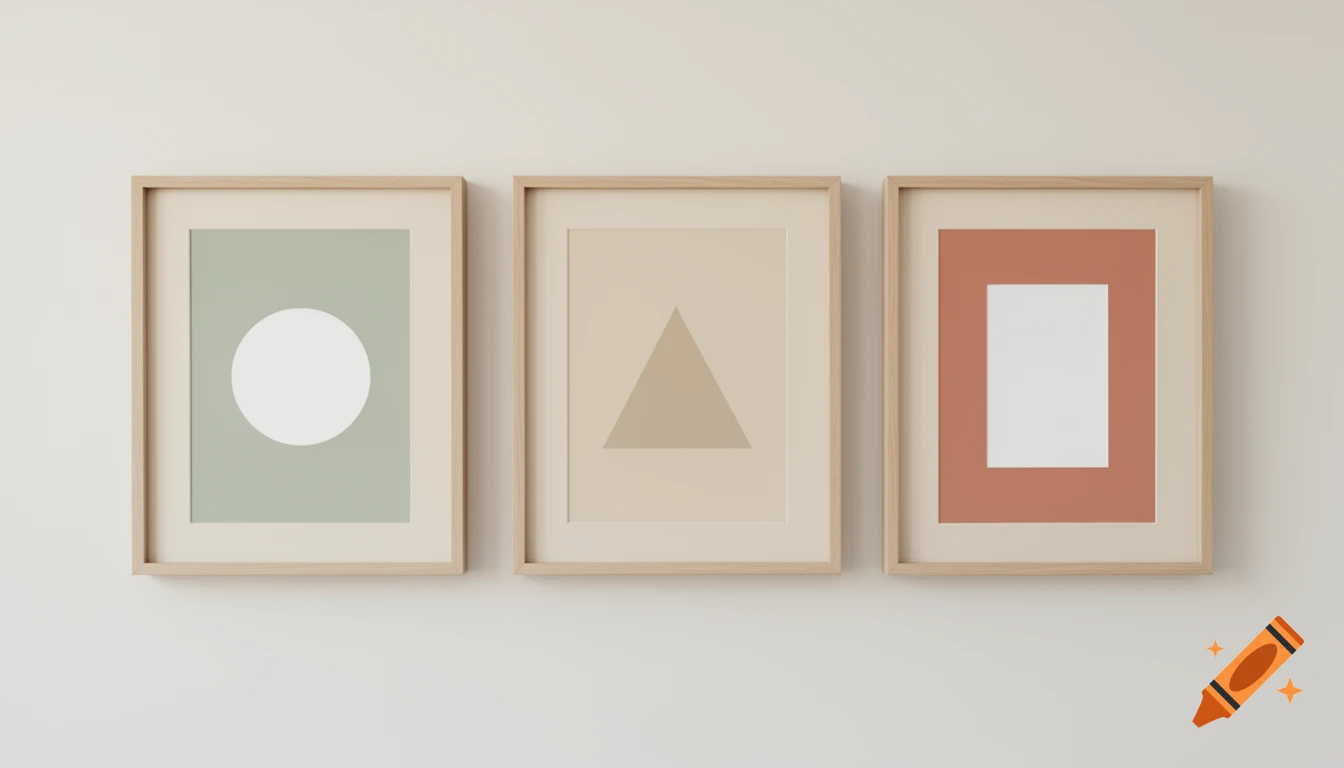 Three framed minimalist geometric art pieces: a white circle on sage, a beige triangle on sand, a white rectangle on terracotta.