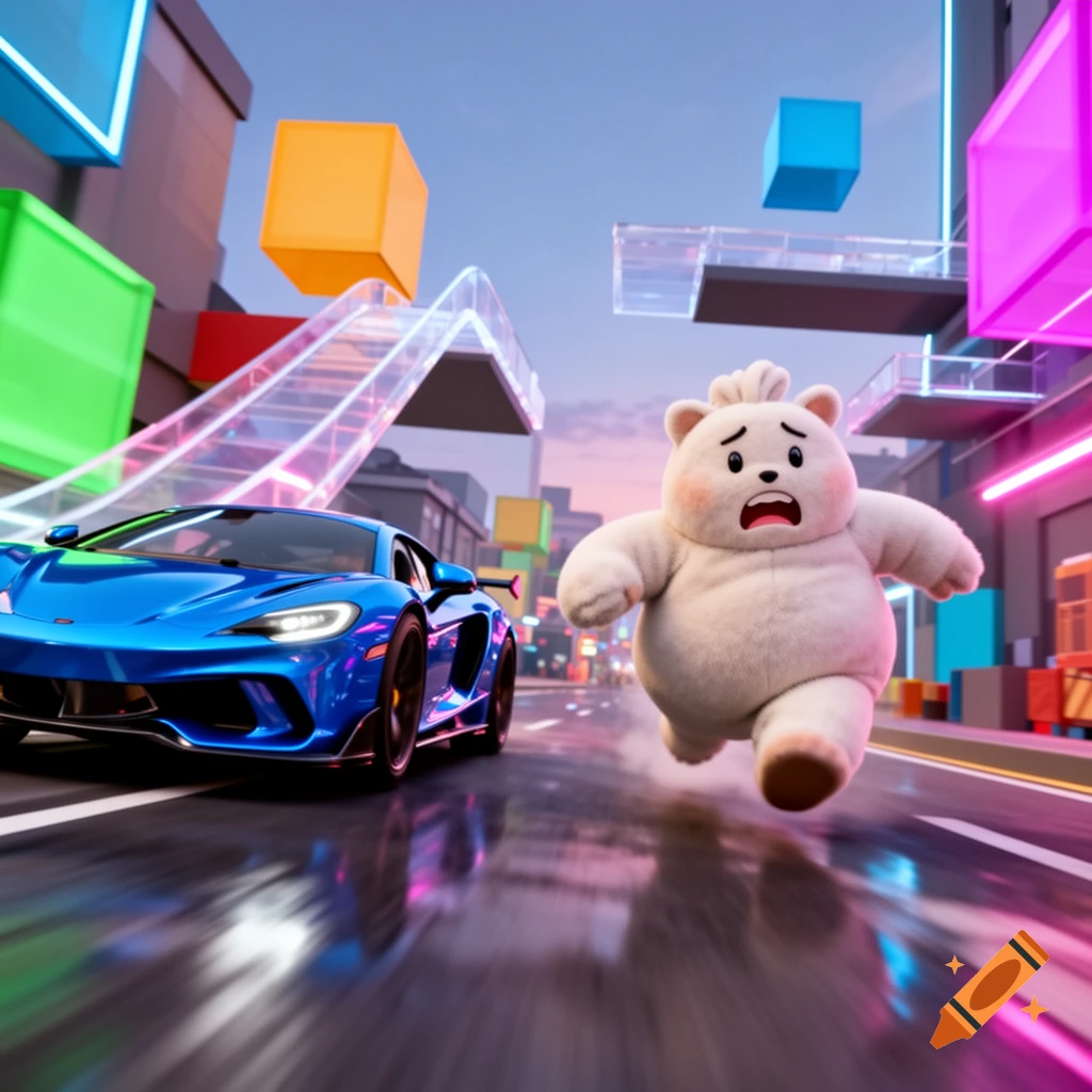 A chubby white plush character with a worried expression runs on a wet street, chased by a sleek blue sports car in a vibrant, neon-lit, abstract city with floating geometric blocks.