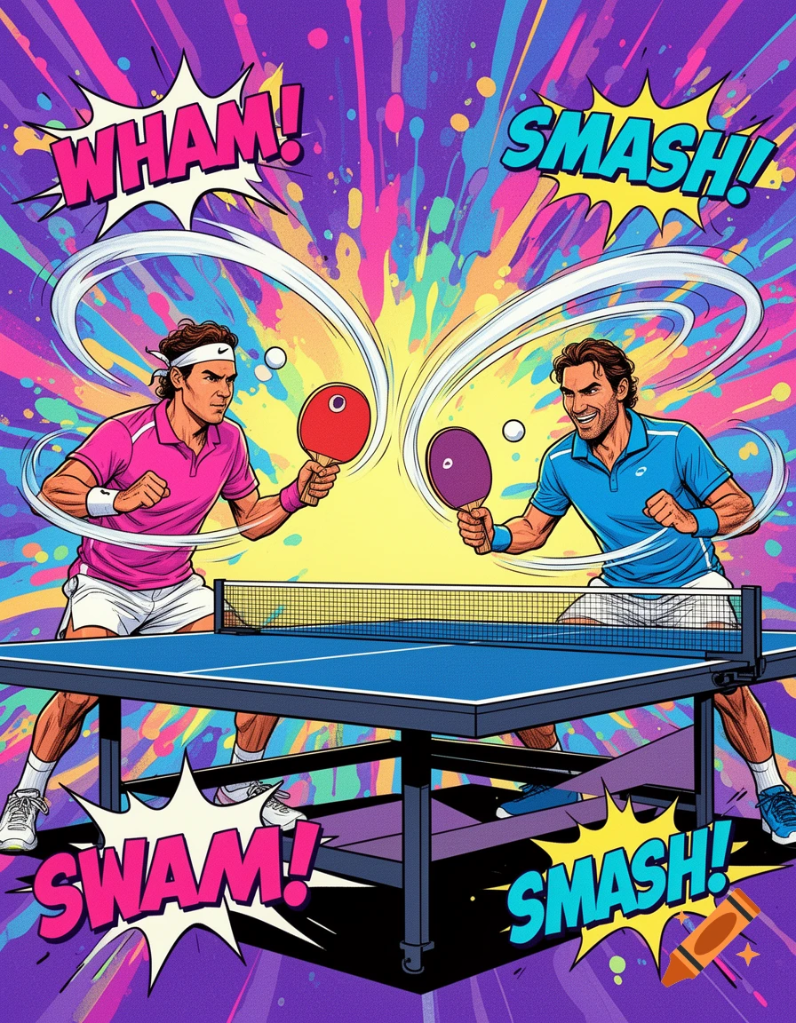 Rafael Nadal and Roger Federer play table tennis in a vibrant comic book style with action lines and sound effects WHAM!, SMASH!, SWAM!.