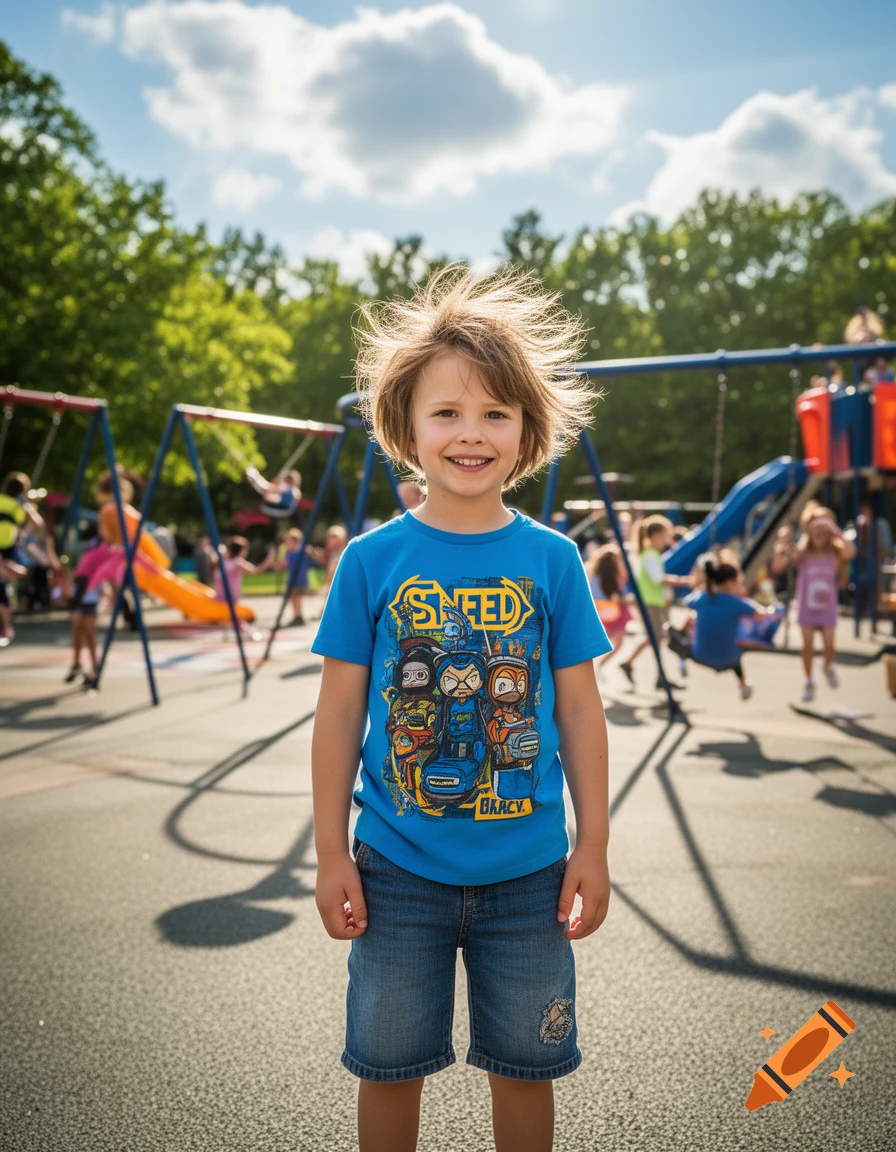 A smiling young child in a blue t-shirt and denim shorts stands in a sunny playground with other children in the background.