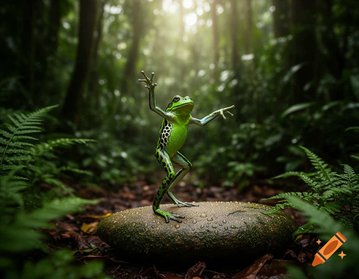 A vibrant green frog with black spots stands upright on a wet rock in a sunlit jungle, posing with its limbs raised.
