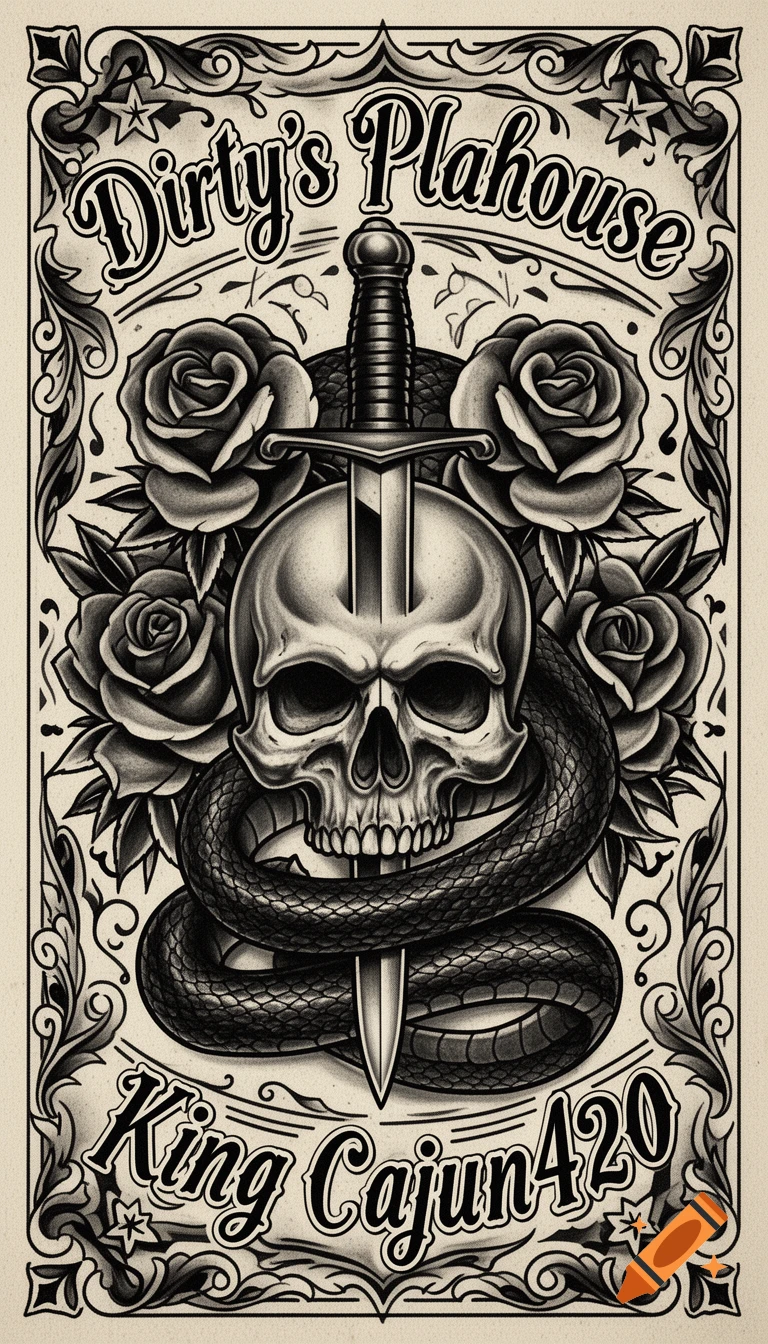 A black and white tattoo-style poster featuring a skull, snake, dagger, and roses, with text 'Dirty's Plahouse' and 'King Cajun420'.
