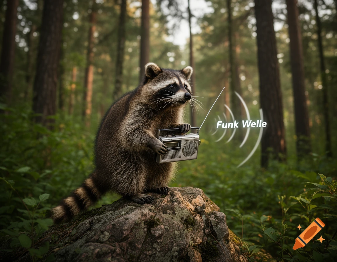 A photorealistic raccoon stands on a mossy rock in a forest, holding a silver radio emitting "Funk Welle" signals.