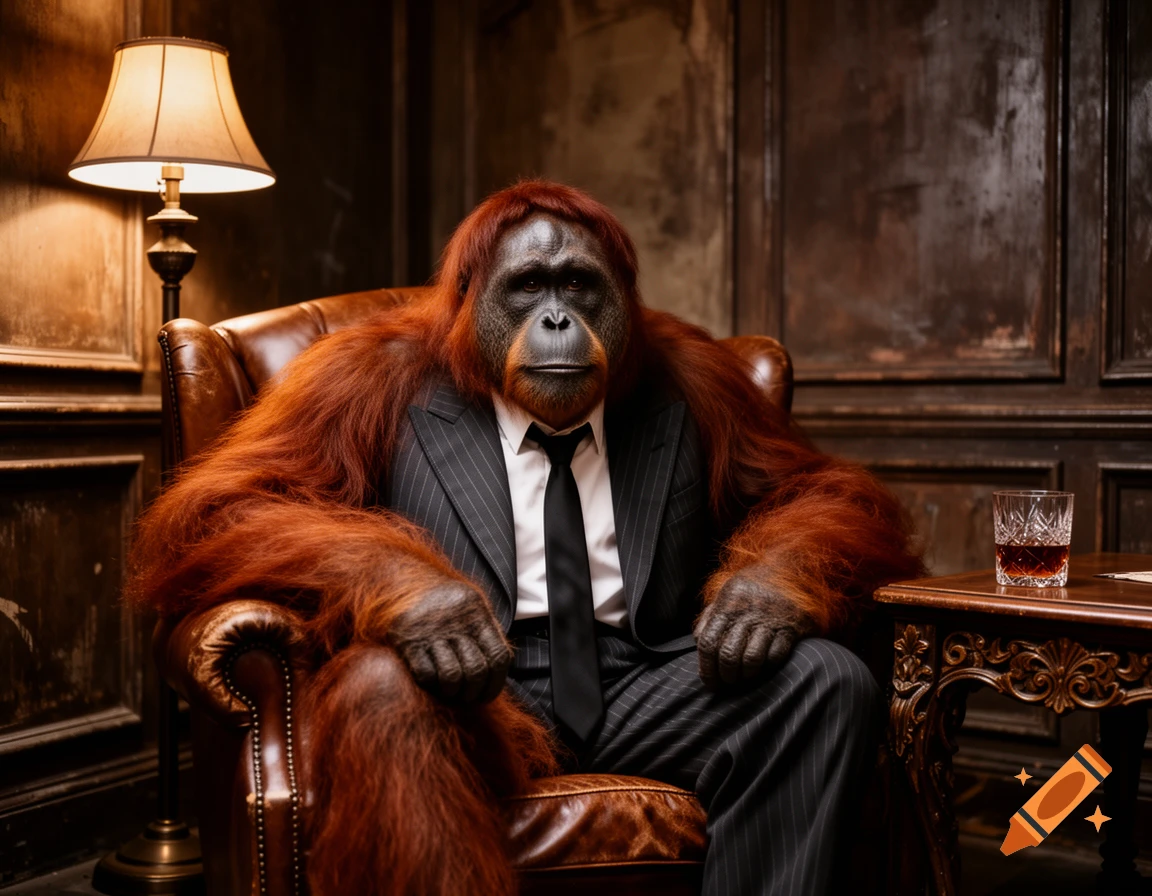An orangutan in a pinstripe suit and tie sits formally in a leather armchair, with a glass of whiskey and a lamp nearby in a dimly lit room.