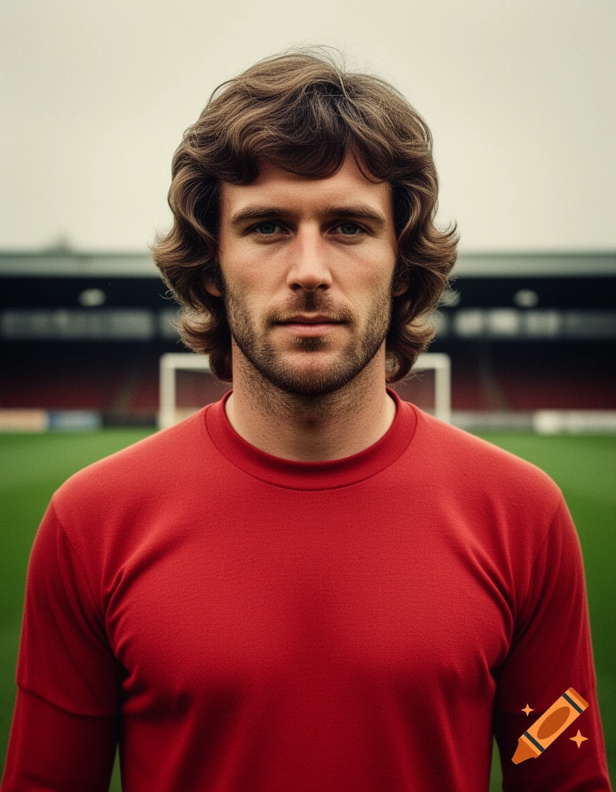 Photorealistic portrait of a 70s British footballer with wavy brown hair and stubble, wearing a red shirt, on a green pitch.
