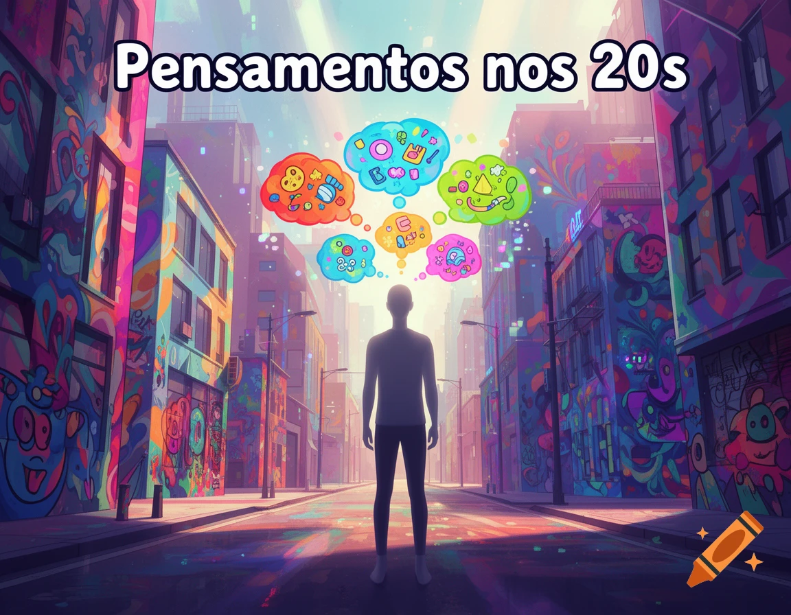 A silhouette person in a vibrant, graffiti-filled city with colorful thought bubbles and the text 'Pensamentos nos 20s' overhead.