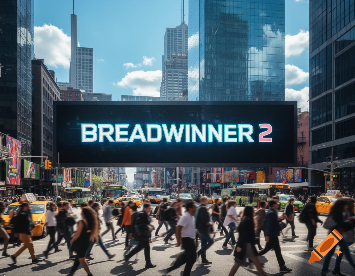 A photorealistic image of a bustling city street with a large billboard displaying 'BREADWINNER 2' above pedestrians and traffic.