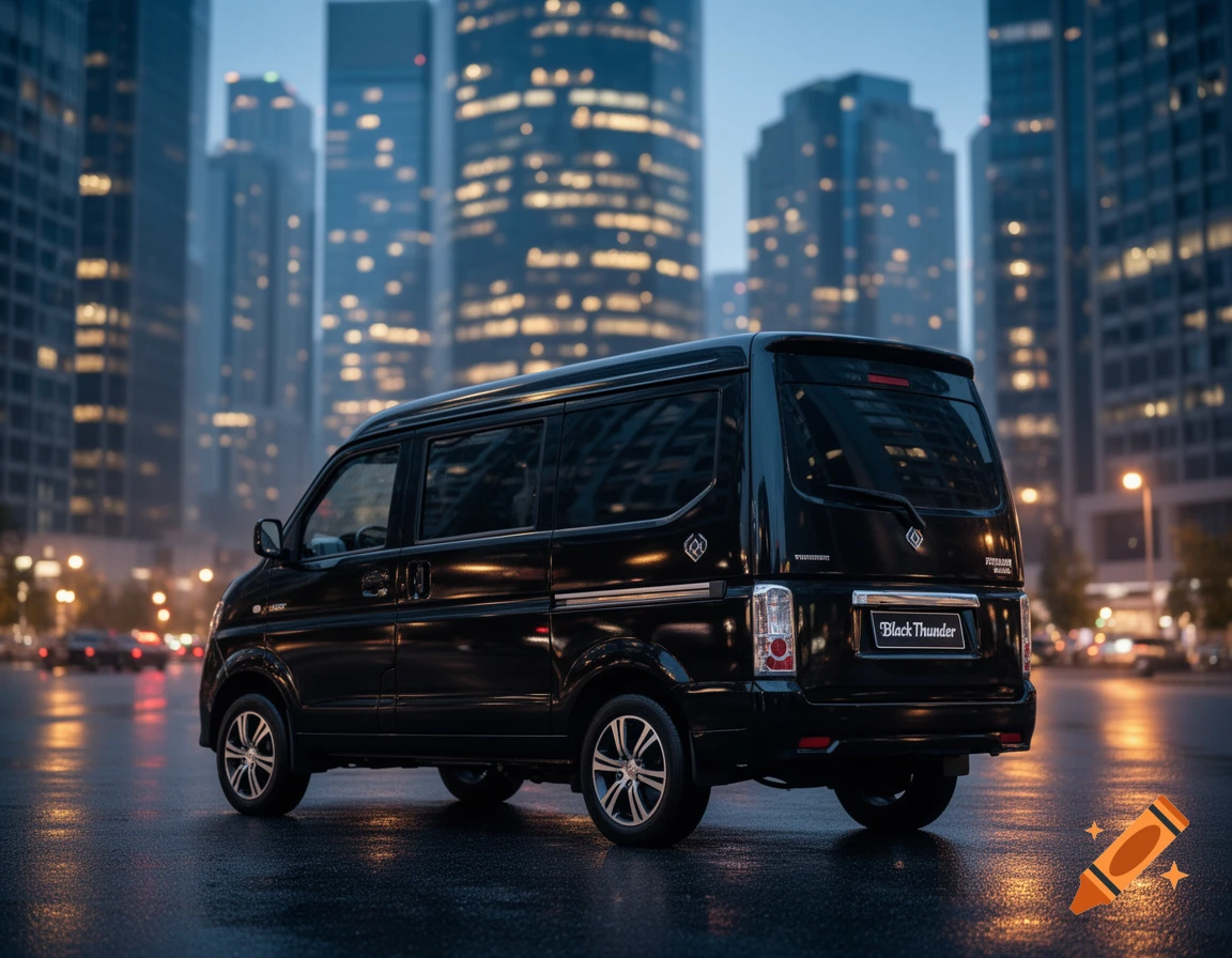 A black minivan is parked on a wet street at dusk, reflecting city lights and tall buildings in the background.