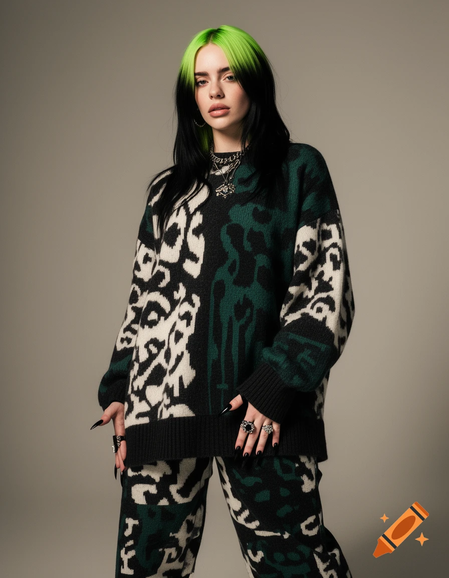 Billie Eilish with neon green and black hair, wearing a patterned black, white, and green sweater and matching pants, standing in a studio.