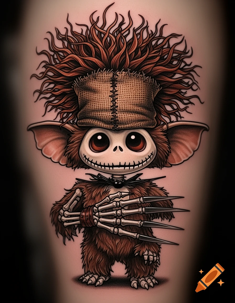 Stylized tattoo of a fuzzy monster with large red eyes, a stitched smile, burlap hat, and Freddy Krueger claws.
