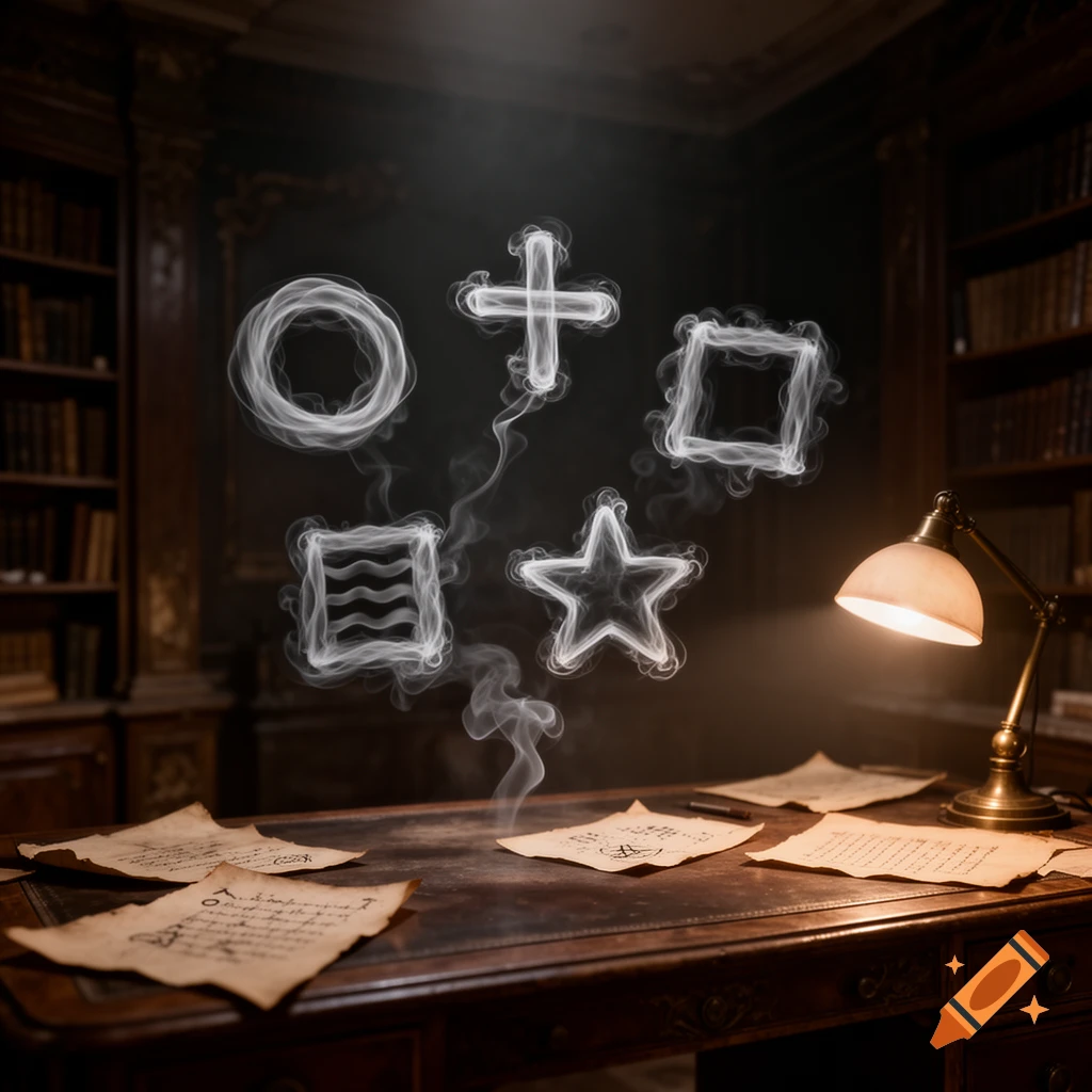 A dimly lit study with a leather desk, an antique lamp, and smoke rings forming ESP card symbols: circle, plus, square, waves, and star.