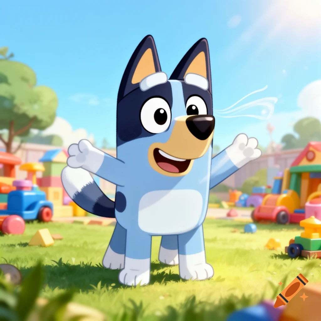 A blue cartoon dog with black ears and white muzzle, resembling Bluey, stands happily in a sunny playground surrounded by colorful toys.