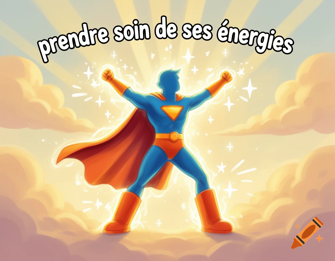 Cartoon superhero silhouette glowing with golden energy against a cloudy sky, with French text 'prendre soin de ses énergies'.