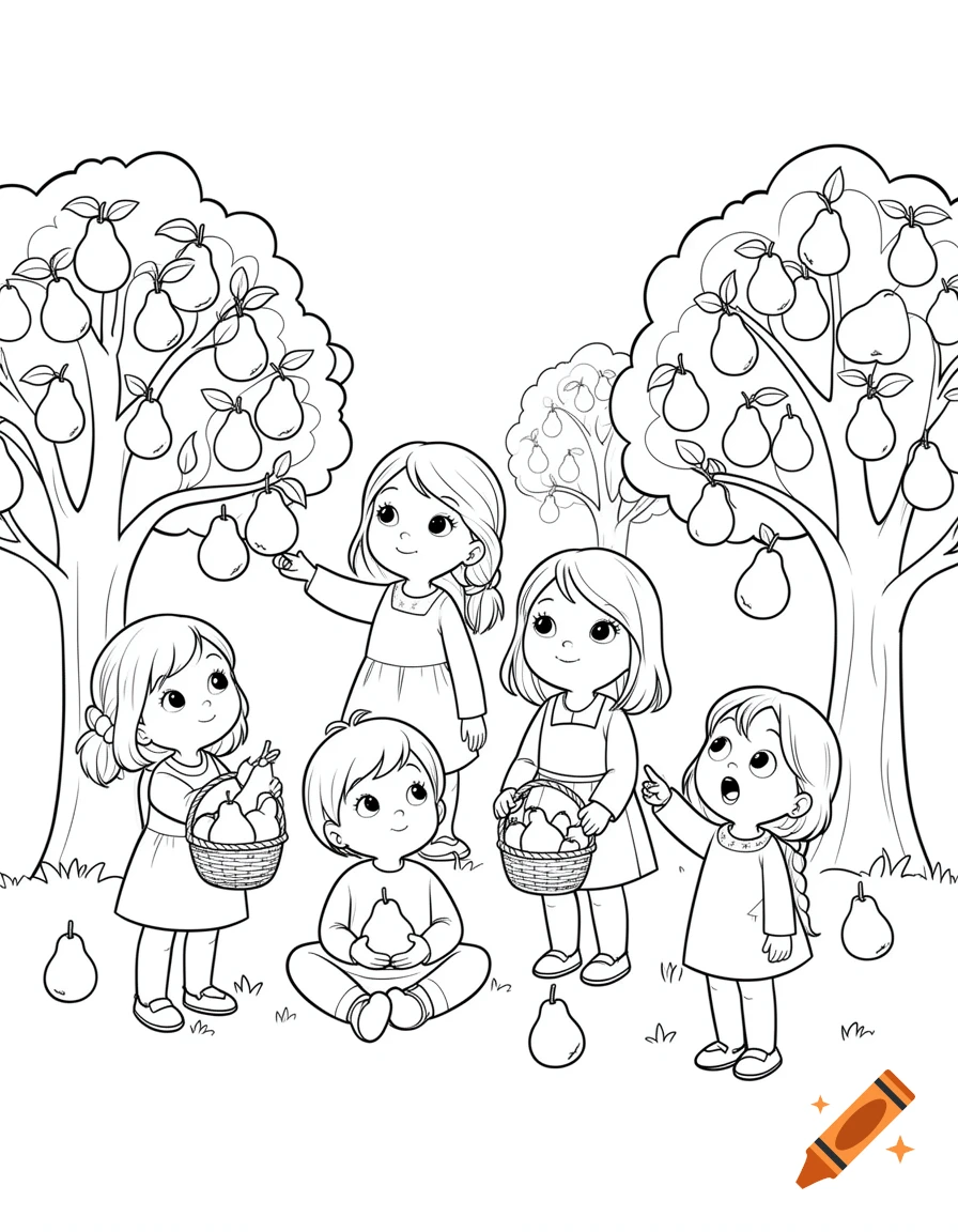 Black and white outline coloring page of children picking pears from trees in an orchard.