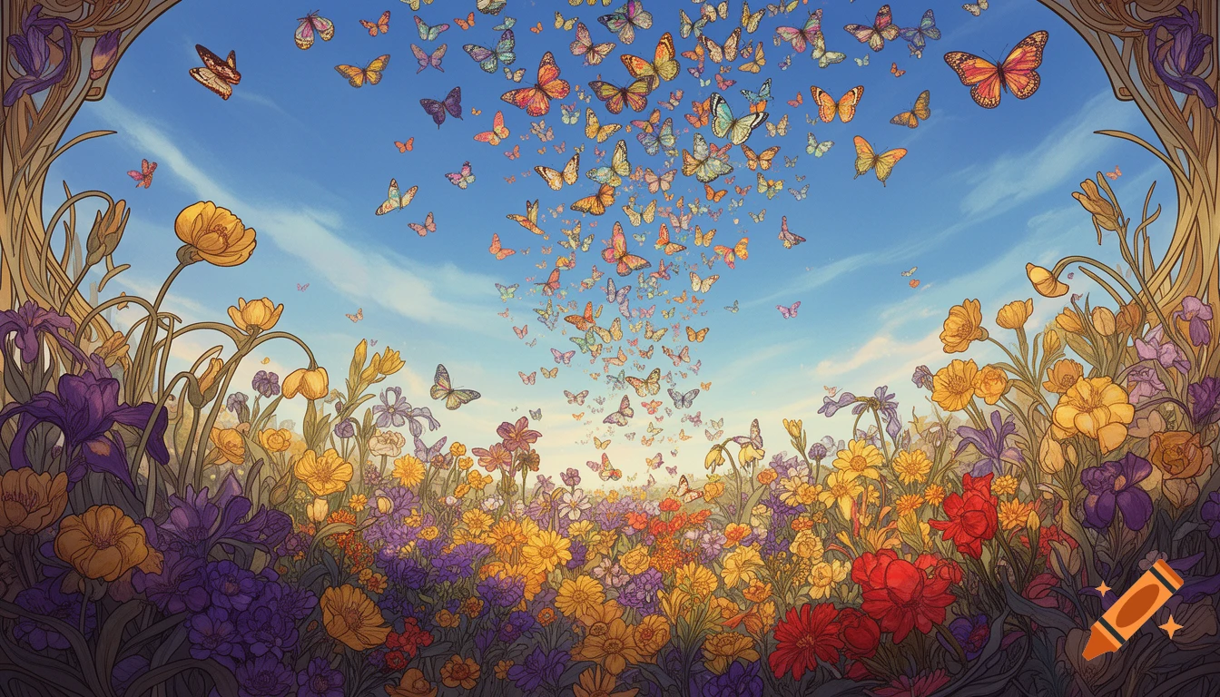 Art Nouveau style panorama of colorful butterflies rising from a vibrant garden filled with purple, yellow, and red flowers.