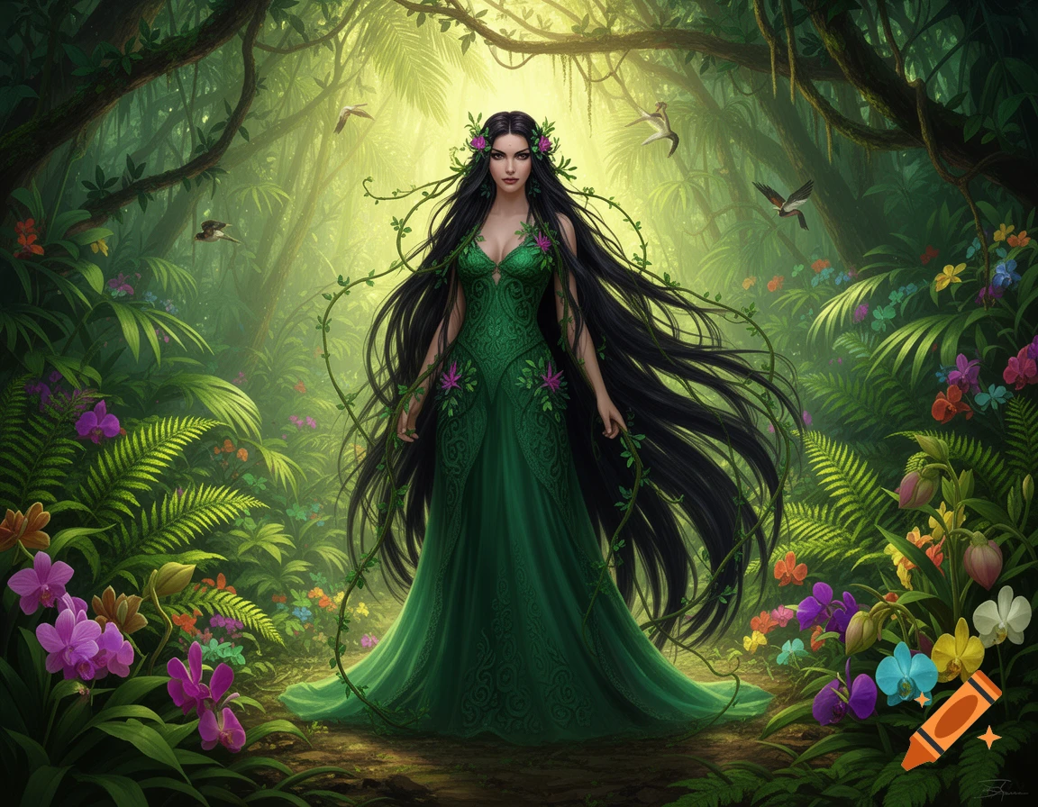 A fantasy woman in a green dress with long dark hair and vines stands in a lush, sunlit jungle with colorful flowers and birds.