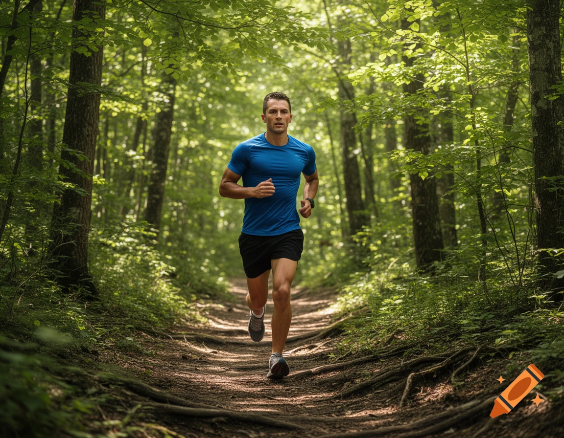 A man in a blue shirt and black shorts runs on a dirt trail through a sunlit forest.