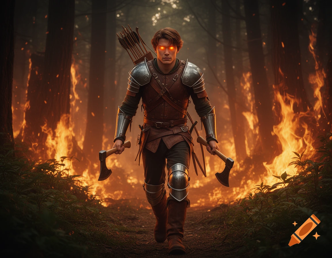 A young man with glowing orange eyes, wearing leather and steel armor, holds two hatchets while emerging from a burning forest.