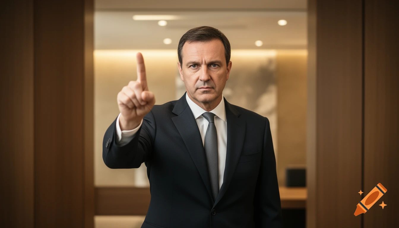 A stern man in a dark suit and tie points his raised index finger directly at the viewer in a modern interior.