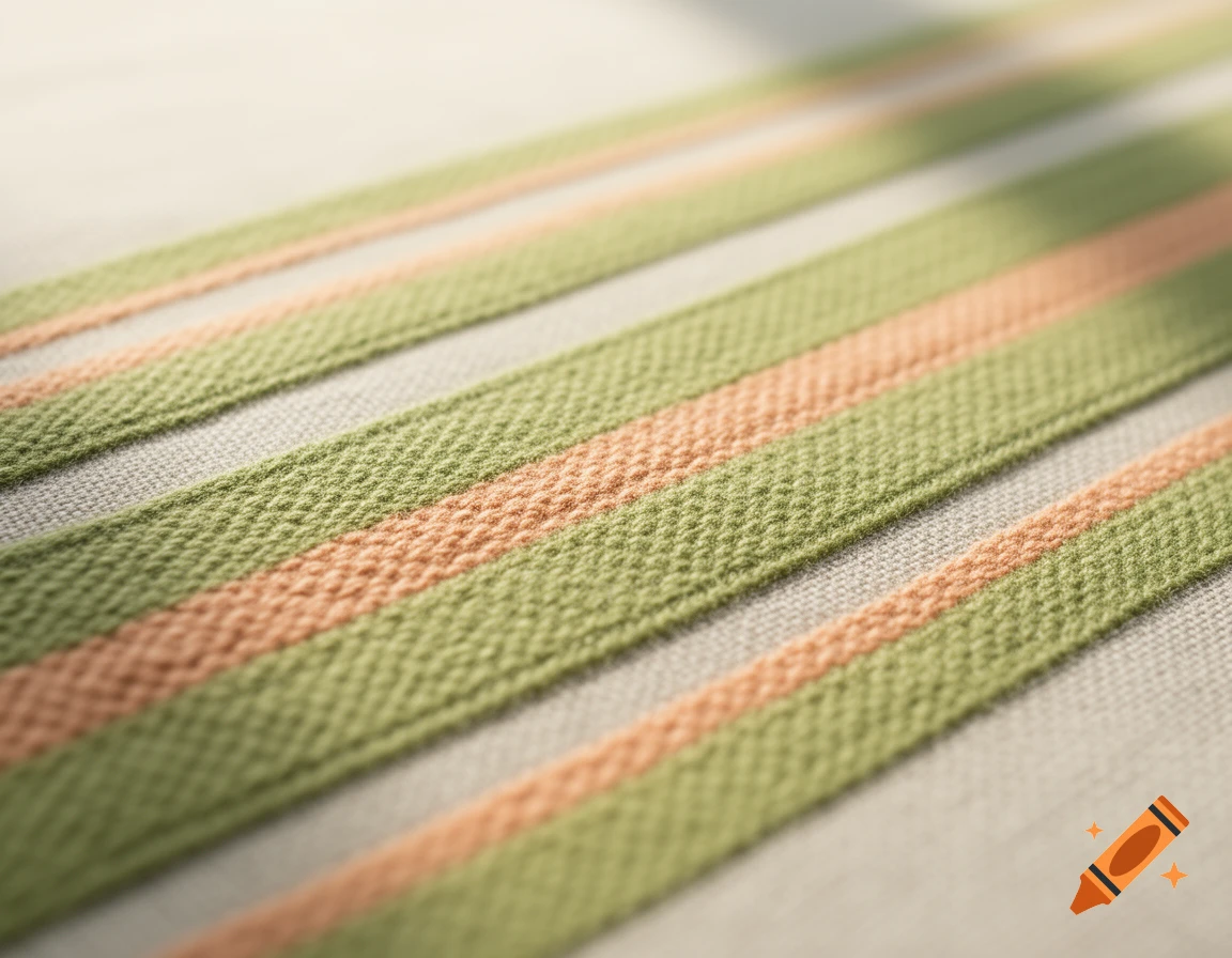 Close-up of light green and apricot-colored diagonal textile stripes with a shallow depth of field.