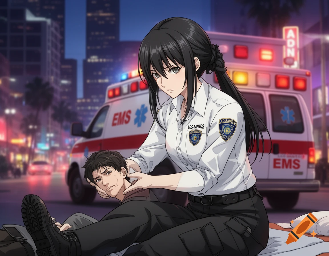 Anime-style female EMT with black hair tends to an injured man on a city street at night, with an ambulance in the background.
