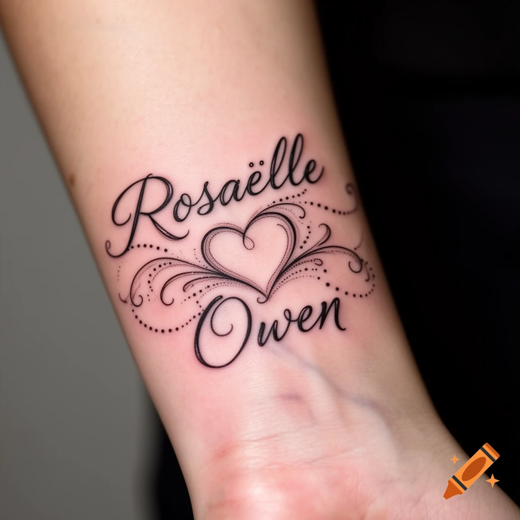 A script tattoo with the names Rosaëlle and Owen, centered around a decorative heart design, on a person's wrist.