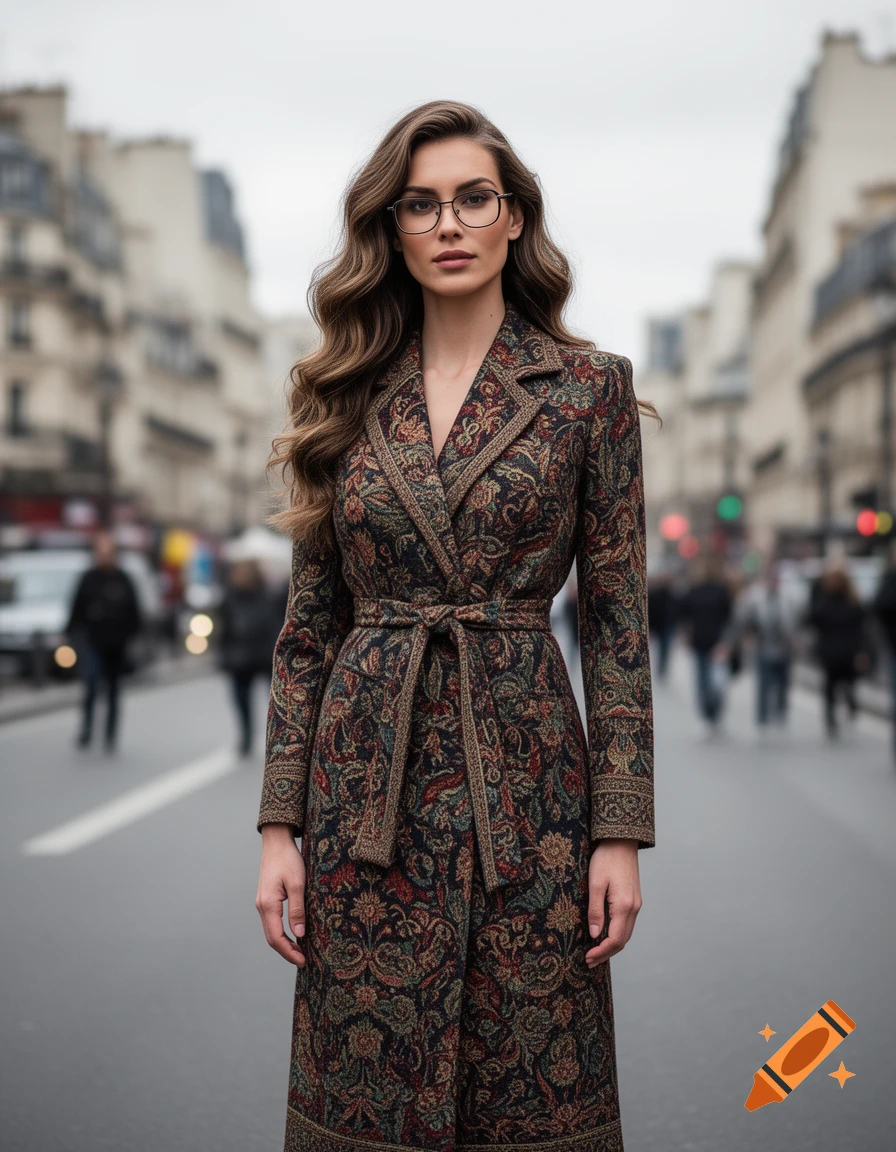 A woman with long wavy hair and glasses stands in the middle of a city street, wearing a patterned, belted long coat.