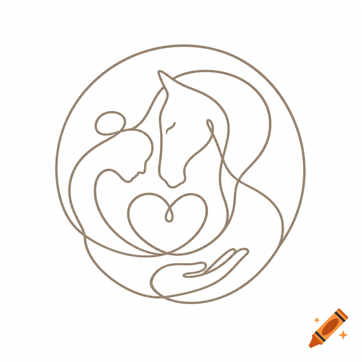 Minimalist line art logo depicting a human embracing a horse, forming a heart, within a circle.
