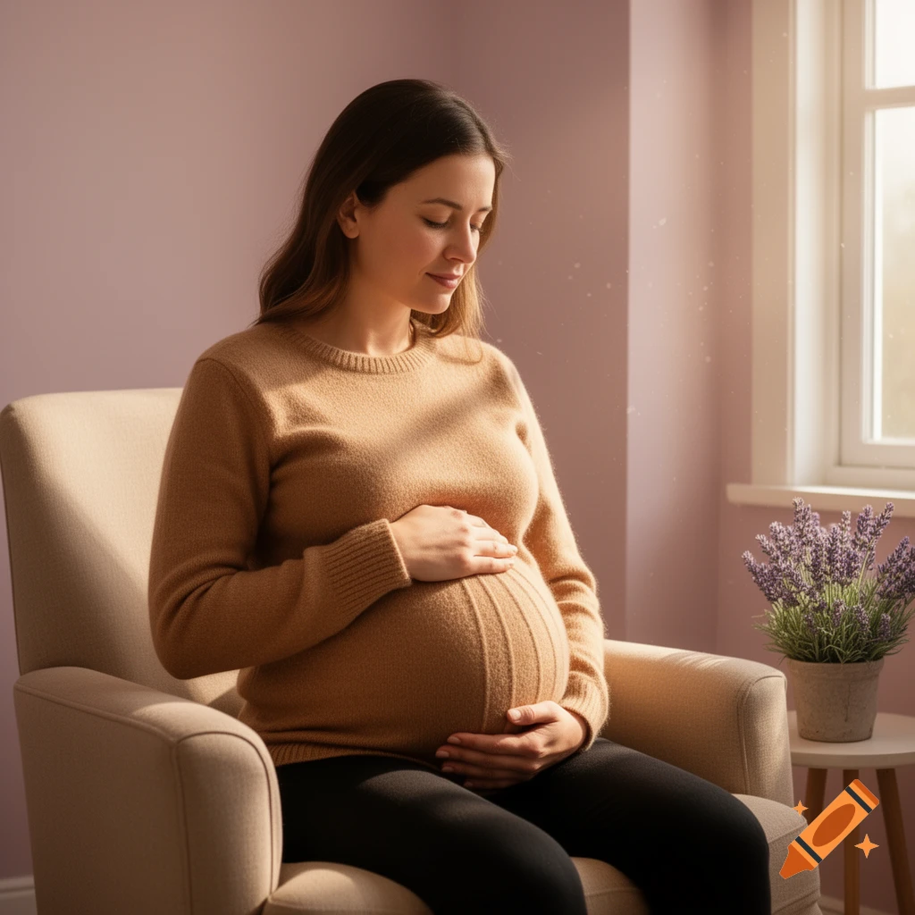 A photorealistic image of a pregnant woman sitting in a chair, gently holding her belly, bathed in soft sunlight from a nearby window.