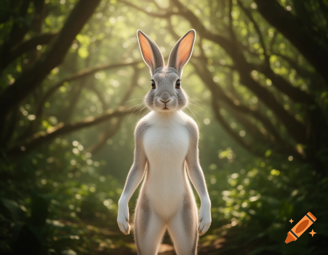 Photorealistic anthropomorphic rabbit standing upright in a sunlit forest path.